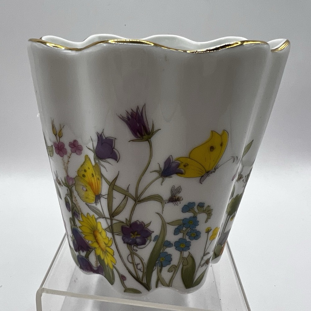 Enesco Floral Butterfly Porcelain Scalloped Vase Planter 4"Gold Rim Vtg 1975